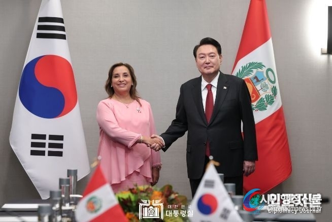 President Yoon Suk-yeol holds a summit with Peruvian President Dina Boluarte on Nov. 16./ Courtesy of the Presidential Office