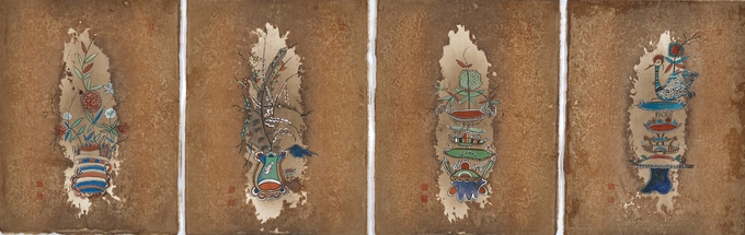 화조락도(옻지에 분채,석채)