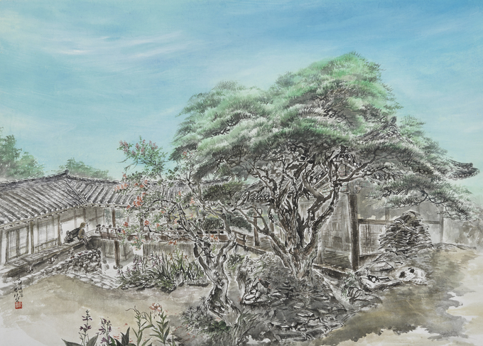 꽃비내리는영산암- 72x10 0 한지에 석채