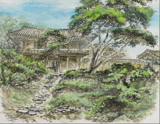 봉정사-만세루- 41x53 한지에 석채
