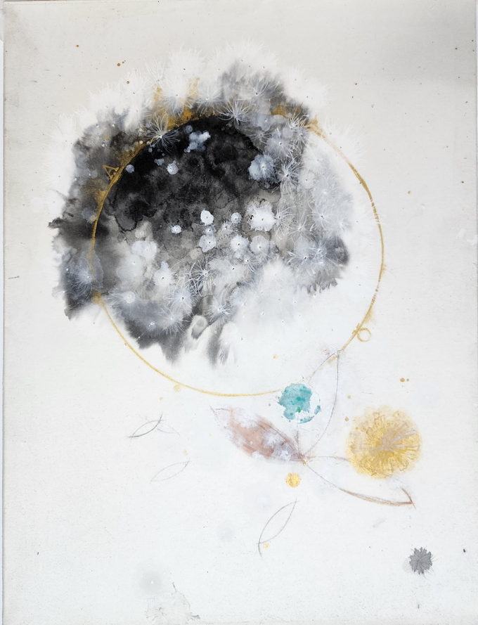 Éternité 12, 캔버스에 화선지, 먹, 아크릴, 색연필, 꼴라쥬, 60x48 cm 2021