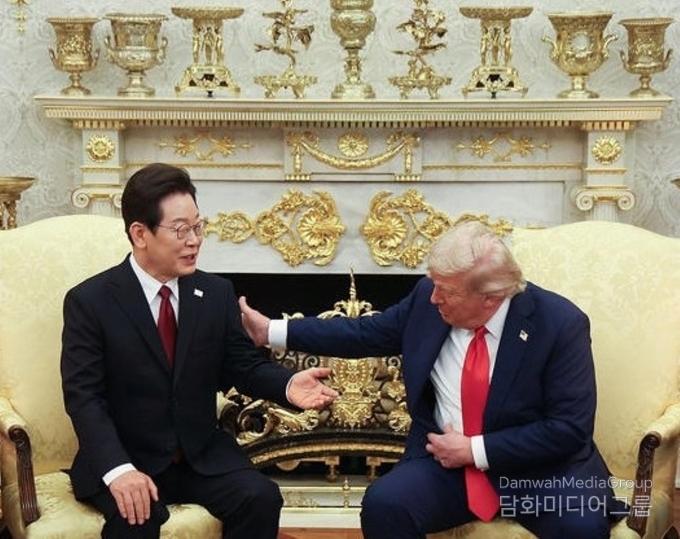  25일(현지시간) 미국 워싱턴 백악관 오벌오피스에서 열린 한미정상회담에서 이재명 대통령과 도널드 트럼프 미국 대통령이 환담하며 악수를 나누고 있다. 두 정상은 붉은색 넥타이를 착용한 채 미소와 유머를 주고받으며 회담의 긴장된 분위기를 누그러뜨렸다.