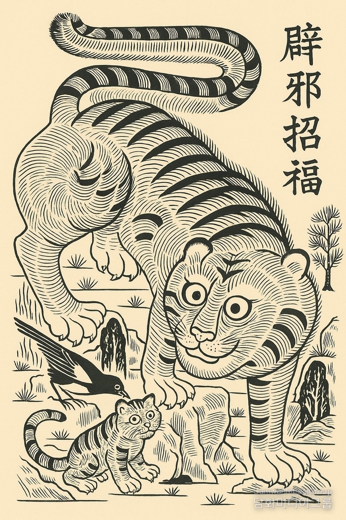 「辟邪招福虎圖벽사초복호도」 담화총사 作 | 이 작품은 악귀를 물리치고 복을 부른다는 뜻의 ‘辟邪招福벽사초복’이라는 글귀처럼, 전통 민화의 상징성과 불교적 길상 의미를 함께 담아낸 호랑이 그림이다. 크게 눈을 뜨고 꼿꼿이 선 호랑이는 가정을 지키는 수호신의 기운을 상징하며, 곁의 새끼호랑이와 까치는 평화와 생명의 순환을 뜻한다. 검은 먹선의 리듬감 있는 필치와 단순화된 형태는 고전적 민화의 미감을 현대적으로 재해석한 것으로, ‘벽사招-福’의 정신을 현대인의 일상 속에 되살리고자 하는 작가의 의지를 보여준다. ※ 본 작품의 저작권자는 담화총사이며, 임의로 도용·복제·배포할 수 없습니다.