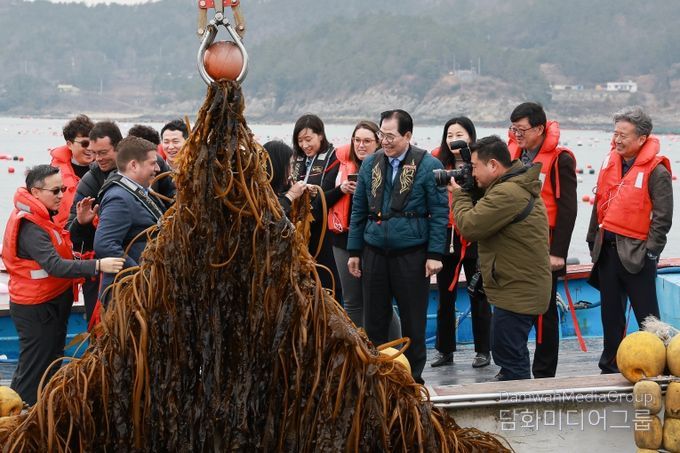 사진은 미 에너지부 산하기관 에너지 고등 계획원(ARPA-E) 관계자 완도군 해조류(미역) 양식장을 방문한 모습