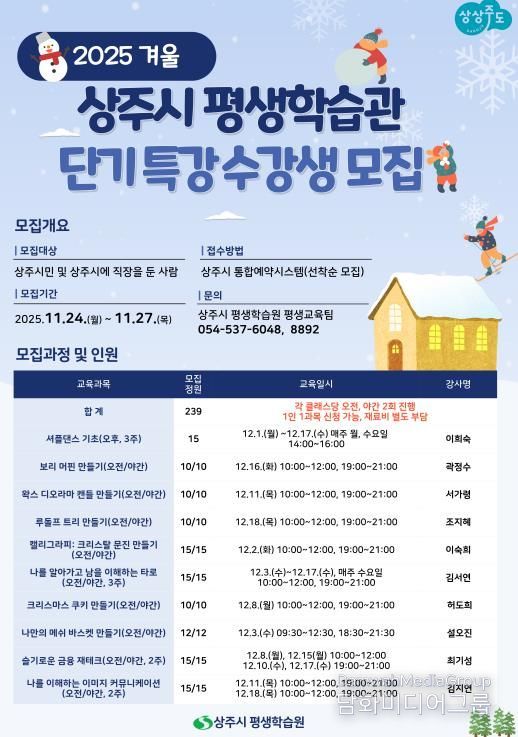 상주시, 평생학습관 겨울 인문학·단기특강 운영
