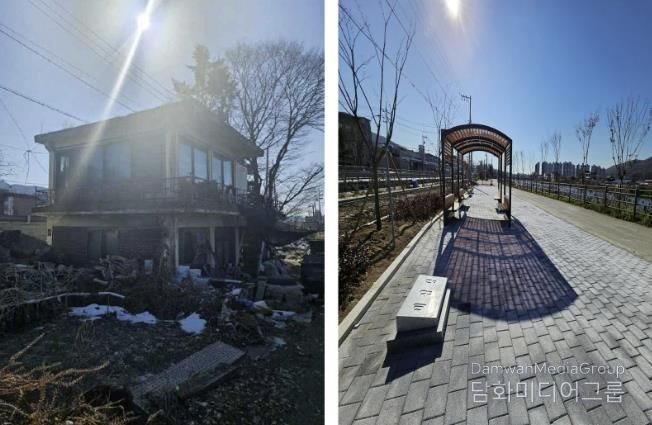 노후한 시설(사진 왼쪽)을 철거하고 새롭게 시민을 위한 수변공간(사진 오른쪽)으로 재탄생한 세심정 주변의 모습.