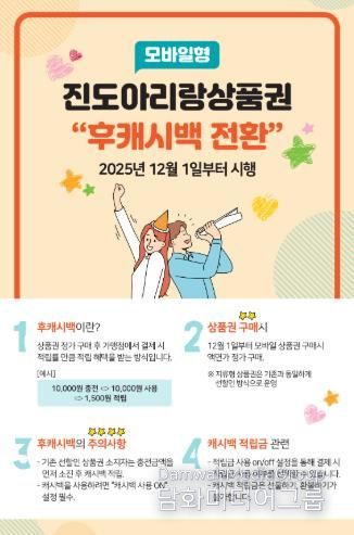 진도군, 진도아리랑상품권 12월 1일부터 ‘후적립(후캐시백) 방식’ 도입