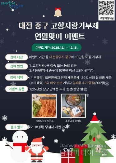 대전 중구, 연말맞이 고향사랑기부제 답례품 추가 증정 이벤트 실시
