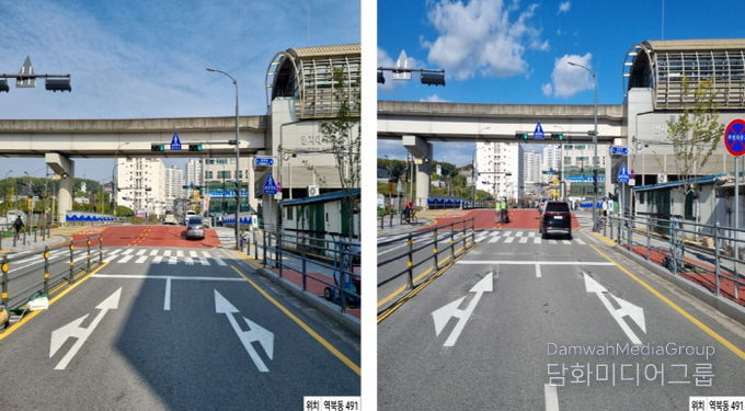 횡단보도와 차량정지선 이격거리를 5m로 확대한 처인구 역북동 491번지의 모습. 사진은 이격거리 확대 전(좌)과 확대 후(우)의 모습.