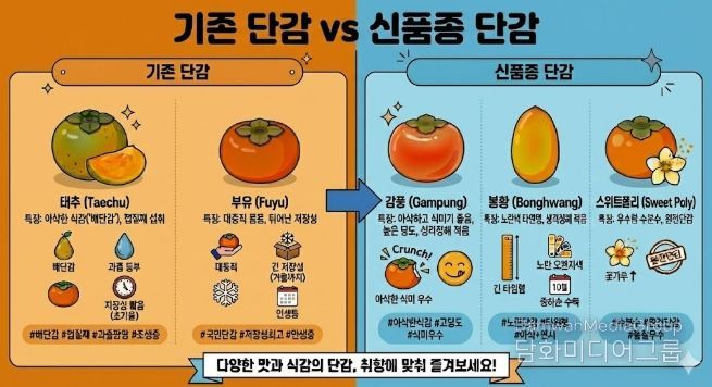 국산 단감 신품종 비교 안내 이미지 : 기존 일본 품종 단감과 국산 신품종 ‘감풍’, ‘봉황’, ‘스위트폴리’의 특성과 장점을 비교해 소개하고 있다.