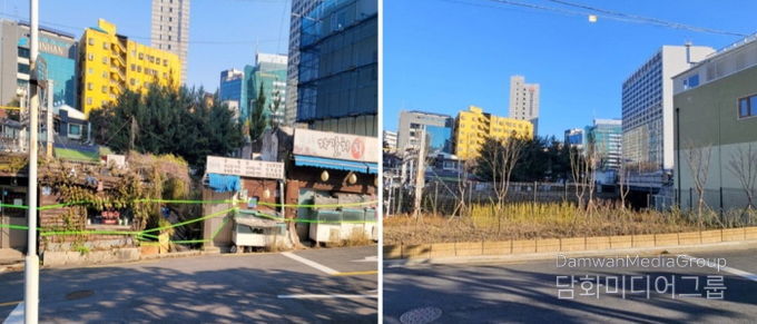 서대문구가 장기간 무단 점유돼 도시 경관을 저해하던 경의중앙선 철로 주변(충정로3가 155-5 일대 경의 제2녹지)을 ‘완충녹지’로 복원했다. 사진은 전후 비교 모습.