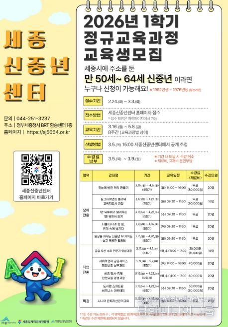 세종시 신중년 AI 디지털 일자리센터, 1학기 정규교육과정 교육생 모집