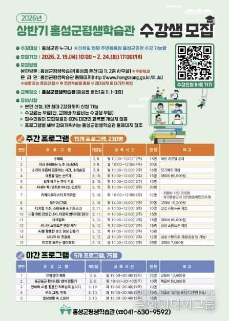 우수 평생학습도시 홍성, 생애별 맞춤형 강좌 수강생 모집