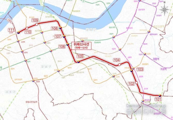 위례신사선 도시철도 노선도(정거장 위치 등은 개략적인 것이며 향후 사업계획 수립, 공사 단계 등에서 조정될 수 있음)
