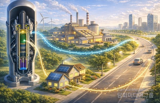 혁신형 소형모듈원전(i-SMR) 전력이 지역 산업시설과 생활 인프라로 확산되는 모습을 표현한 이미지