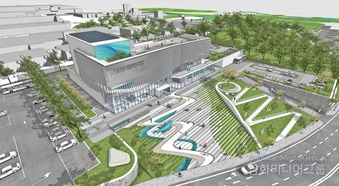 남경주국민체육센터 설계공모 당선작 조감도. 대지 경사면을 활용한 입체적 배치와 개방형 계단광장이 특징이다.