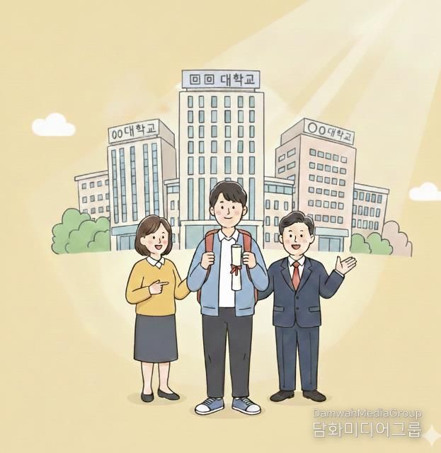 상위권 3개 대학에 합격한 학생과 응원하는 사람들_AI 생성 이미지