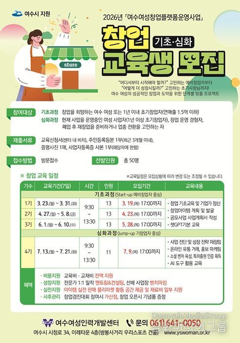 2026년 여수여성창업플랫폼운영 창업 교육생 모집 포스터