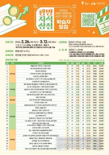 2026년 광명시 평생학습 상반기 프로그램 '광명지식상점' 학습자 모집 안내문.
