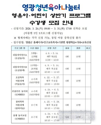 영광청년육아나눔터, 영유아・어린이 상반기 프로그램 운영