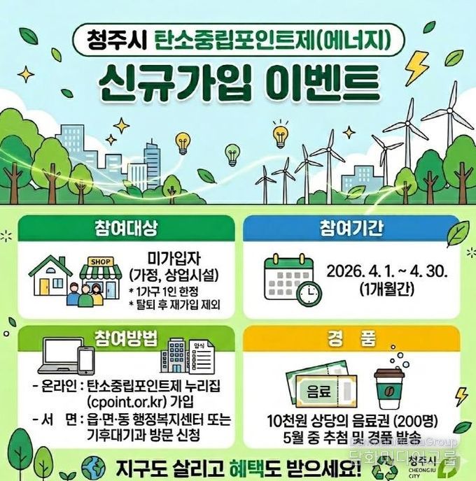 청주시, 4월 ‘탄소중립포인트제’ 가입 이벤트 추진