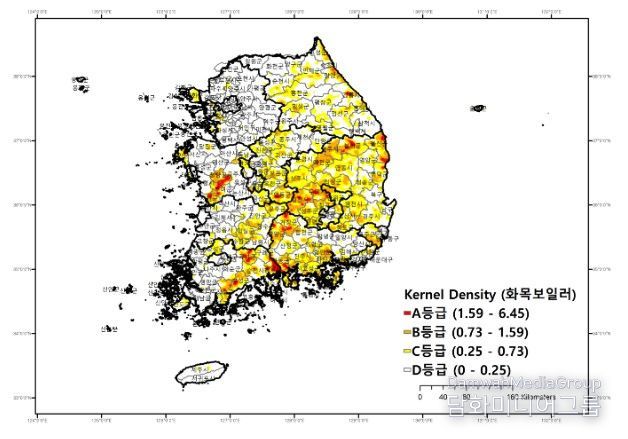 화목보일러 사용가구 Kernel Density 분석 결과 (단위: 가구수/km2)