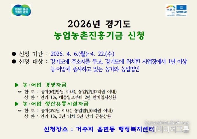 이천시, 2026년도 경기도 농업농촌진흥기금 지원사업 신청·접수