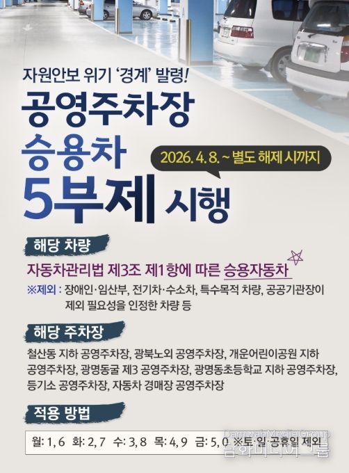 광명시 공영주차장 7곳‘승용차 5부제’ 시행 안내문