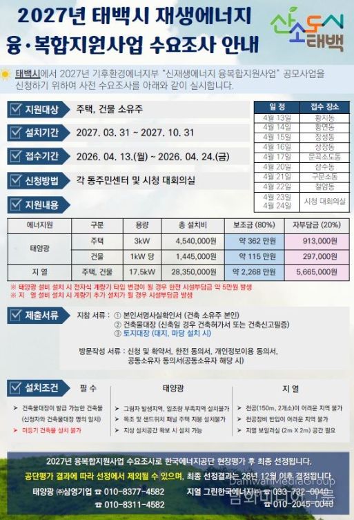 태백시, 2027년 재생에너지 융복합지원 사업 수요조사