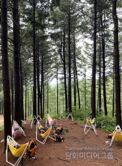 국립횡성숲체원 힐링타임 프로그램 참가자들이 해먹 체험을 하고 있다. 한국산림복지진흥원 국립횡성숲체원 제공